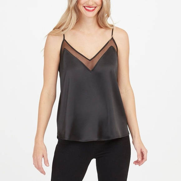 SPANX Tops - SPANX Black Satin Mesh V-Neck Camisole Cami Top Blouse Size Large